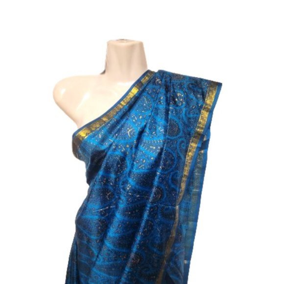 Blue Saree Pre Stitched Pre Pleated with GoldSparkly Accents-  NEW ! - Picture 2 of 12
